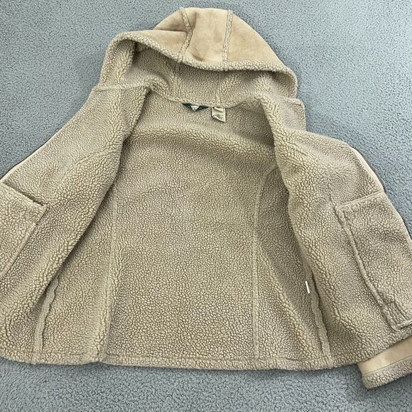 LL Bean Sherpa Lined Hooded Jacket Women L Beige Faux Suede Full Zip - Picture 3 of 8